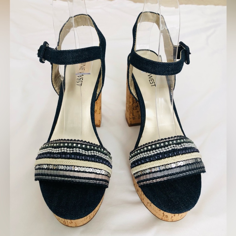 NWOB Nine West denim cork chunky heel platform with sequins and beaded accents. - Picture 2 of 14